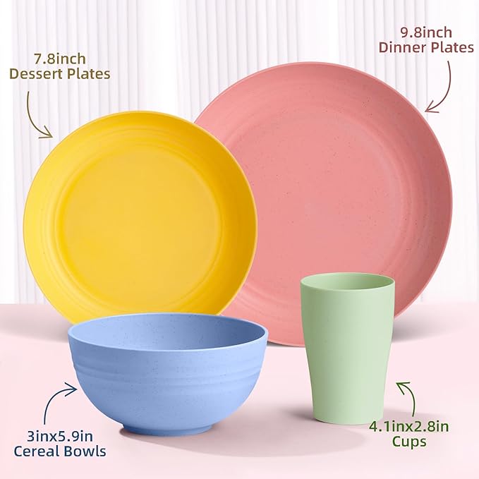 32 pcs Unbreakable Lightweight Wheat Straw Dinnerware Sets for 8, Reusable Kids Plates and Bowls Sets Non Toxic, Microwave and Dishwasher Safe Plastic Dishes Set, Camping RV Picnic Dishes