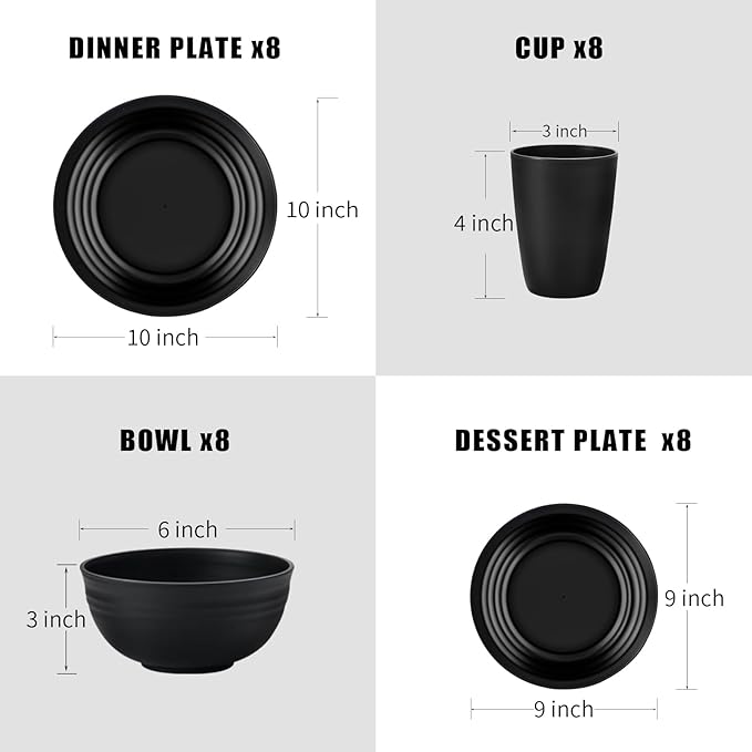 32 pcs Wheat Straw Dinnerware Sets Kitchen Plates and Bowls Sets for 8 Plastic Plates Reusable Dishes Set Outdoor Camping and Dinning Essentials Dishwasher Safe, Black