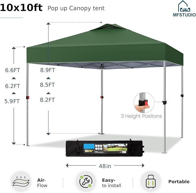 MFSTUDIO 10x10 Pop Up Canopy Tent, Gazebo Shelter Sun Shade Canopies Waterproof Patio Portable Popup Screened Tents for Beach,Parties,Camping,Green