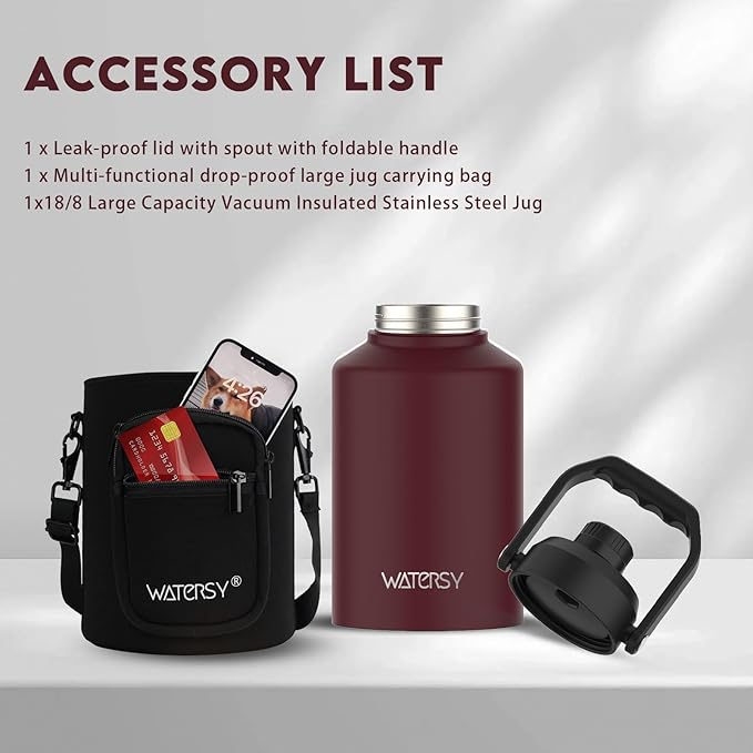Half Gallon Water Bottle Insulated(Cold for 48 Hrs),BPA Free&Leak Proof,64oz Stainless Steel Water Jug/Flask,Big thermo,Large Water Bottle with Handle for Gym,Hiking,Camping,Brick Red