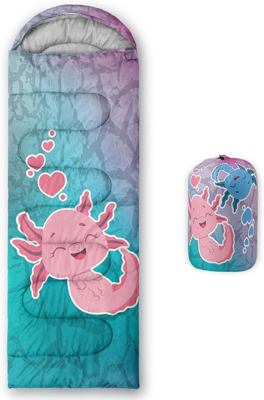 HOSIMA Cartoon Axolotl Sleeping Bags for Kids 10-12,Blue Cartoon Kids Sleeping Bags for Girls Boys,Compact Sleeping Bag for Camping Essentials and Hiking.