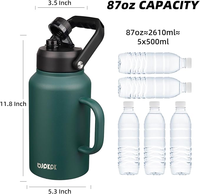 BJPKPK 87oz Insulated Water Bottle with Handle, Large Dishwasher Safe 2/3 Gallon Water Bottle, BPA Free Water Jug, Wide Mouth Metal Water Bottle with Anti-slip Bottom, Keep Cold & Hot,Army Green