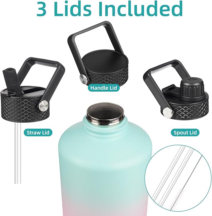 Gallon Insulated Water Bottle with Straw,128 oz 3 Lids Water Jug with Carrying Bag,Paracord Handle, Double Wall Vacuum Stainless Steel Metal Flask,Gum