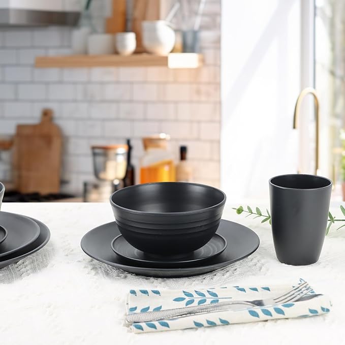40 Pieces Plates and Bowls Sets, Wheat Straw Dinnerware Sets for 8, Dinner Plates, Cereal Bowls and Drinking Cups, Unbreakable and Reusable Plastic Dinnerware Sets (Black)