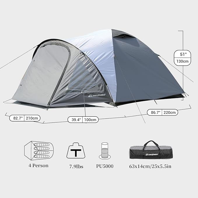 EchoSmile Camping Family Tent for 2-3 Person, Waterproof Dome Tent with Vestibule, Ultralight Easy Setup for Outdoor Camping, 3 Season