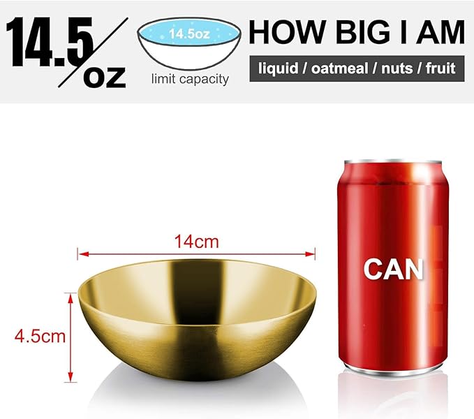 Stainless Steel Bowls for Kids, 18/8 Stainless Steel Toddler Bowl, BPA-Free, Durable & Easy Clean, 4 Pack - 14.5 oz Perfect for Baby Meals, Snacks, Serving and Travel & Home Use, Gold