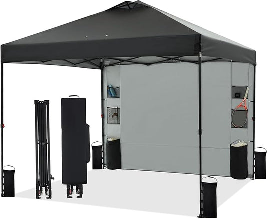 10'x10' Pop Up Canopy Tent with 1 Sidewall and 6 Pockets, One Push Setup, Instant Shade Tent with Vented Roof for Beach Patio Outdoor, Case, 8 Stakes, 4 Ropes, 4 Sandbags (Black, 10x10)