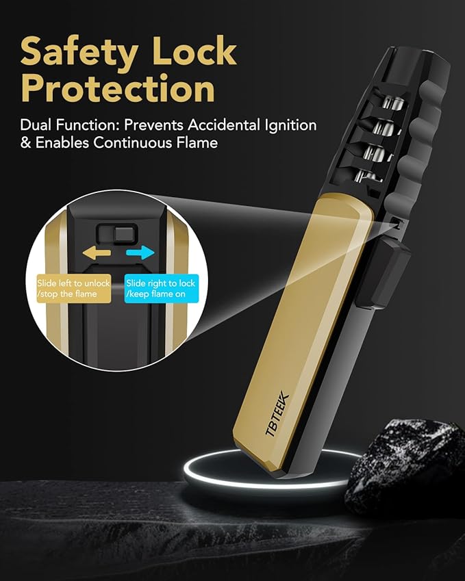 TBTeek Butane Torch Lighter - Adjustable Jet Flame Lighter, Refillable Bright Fire Blow Torch, Cooking Lighter with Safety Lock for creme, BBQ, Baking, Candle, Camping, Gold (Gas Not Included)