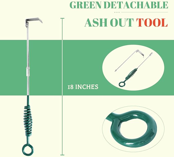 18" Green BBQ Ash Tool for Big Green Egg Ash Rake Ash Cleaner for BGE Kamado Accessories Long Handle Cleaner with Scraper Stainless Steel Charcoal Pellet Grills Wood Burning Stove