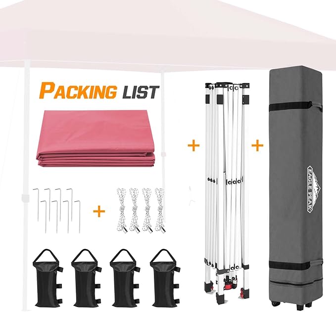 EAGLE PEAK Pop Up Canopy Tent with Wheeled Carry Bag, 8 Stakes, 4 Ropes, 4 Weight Bags, Easy Set Up Tent Canopy, 10x10 ft, 100sqft of Shade, Peach Pink