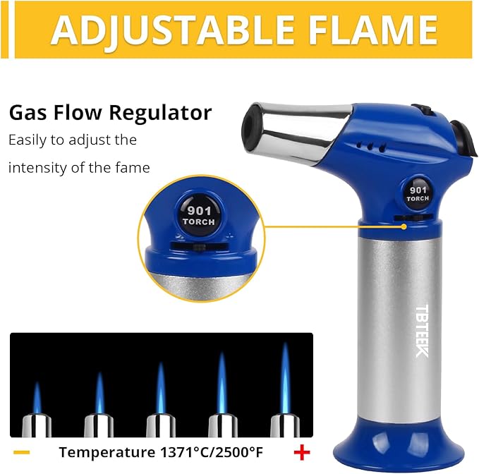 TBTEEK Butane Torch T901, Kitchen Torch Cooking Torch with Safety Lock & Adjustable Flame for Cooking, BBQ, Baking, Brulee, Creme, DIY Soldering(Butane Not Included), Blue
