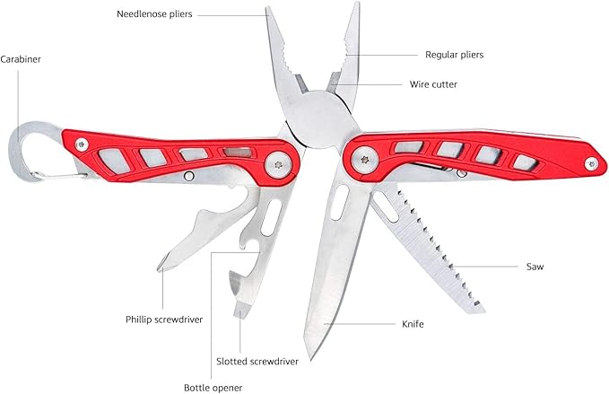 Amazon Basics 8-in-1 Stainless Steel Multitool Safety Lock with Nylon Sheath, Red
