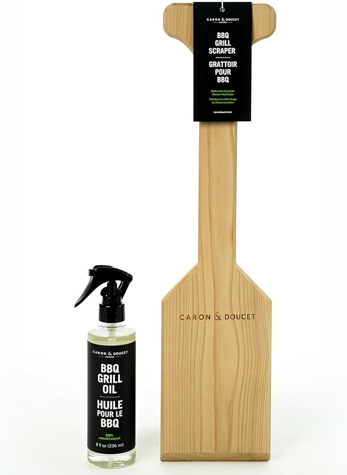 CARON & DOUCET BBQ Grill Cleaner Oil (8oz) & Natural Red Cedar Wood BBQ Grill Scraper Bundle – Wire Bristle Free, Safe Tool for Gas & Charcoal Grates