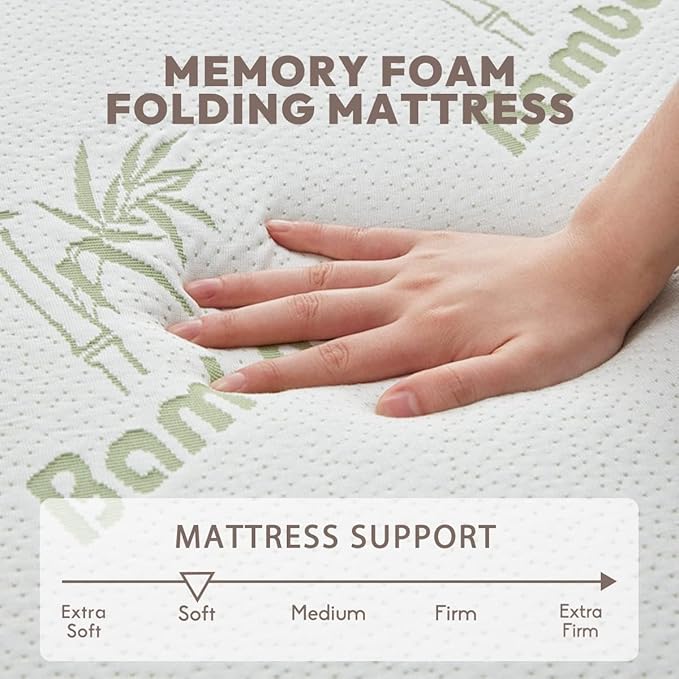 SINWEEK Memory Foam Folding Mattress, 4 Inch Foldable Trifold Mattress Topper, CertiPUR-US Certified Guest Bed with Cooling Cover & Waterproof Lining