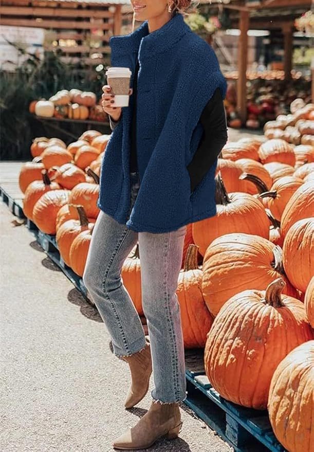 Hongqizo Womens Fuzzy Fleece Vest Casual Oversized Warm Button Down Sherpa Vest Jacket with Pockets