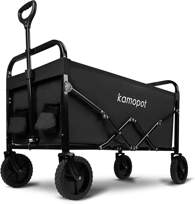 Large Collapsible Wagon Foldable for Grocery, Beach, Park, Yard, 34 x 18 Inch Inner Storage. Folding Utility Shopping Cart on Wheels. Heavy Duty, Durable w/Cupholders (Black)