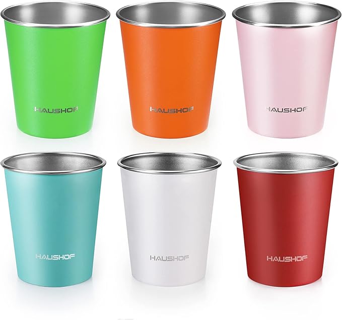 HAUSHOF Pint Cup, 14 oz Stainless Steel Cups, Stackable Metal Drinking Cups, Stacking Beer Pint Cups for Home, Party, Camping, Outdoor, Unbreakable, 6 Pack
