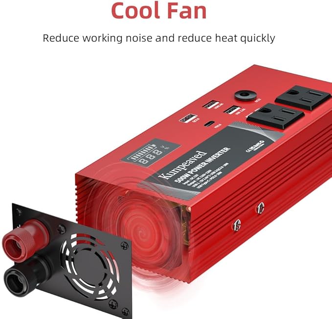500W Power Inverter DC 12V to 110V Car Charger Converter with Dual USB Ports and 2 AC Outlets for Air Compressor Laptops, Road Trip Accessories (Red)
