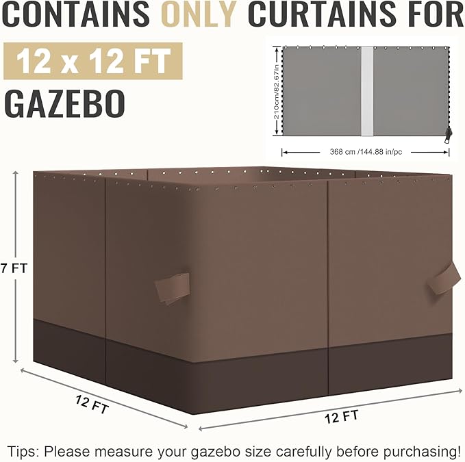 COWVIE 4-Panel 12' x 12' Gazebo Replacement Curtains, Patio Privacy Sidewalls with Double Zipper, Replacement for Outdoor Gazebo Canopy (Curtain Only)