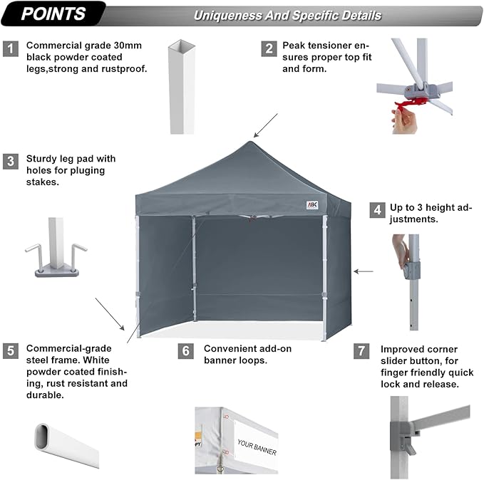 ABCCANOPY Ez Pop Up Canopy Tent with Sidewalls 10x10 Commercial -Series, Dark Gray