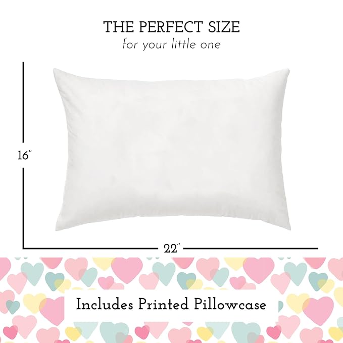 Little Sleepy Head Youth Pillow with Pillowcase 16x22, Soft Jumbo Toddler Pillows, Hypoallergenic Pillow Case - Best Kids Pillows for Sleeping, Perfect Kids Travel Pillows (Hearts)