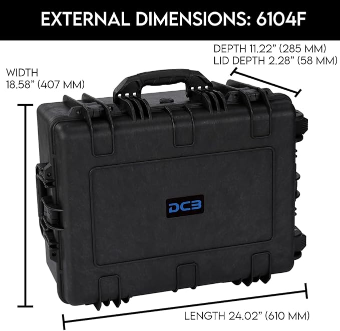 DCB Cases - Element 6104F | 24 x 19 x 11 Ext Dim | IP67 Waterproof | Pluck Foam Insert | Telescoping Handle | Rubberized Grips | Resin-Reinforced Injection Molded Plastic | 4 Latch Lid Close | Wheels