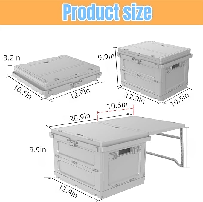 Multifunctional 3 in 1 Camping Folding Storage Box with Table, Handle Collapsible Bins Box and Warning Signs,Storage Bins With Lids 16.5L Camping Storage for Garage, Beach, Backyards, Picnic