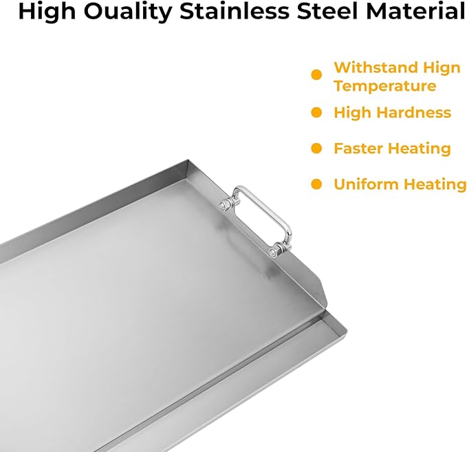 Stainless Steel Griddle Plate for Charcoal/Gas Grill, Flat Top Griddle with Even Heating for BBQ, Camping, Tailgating and Parties, 23" x 16" Silver