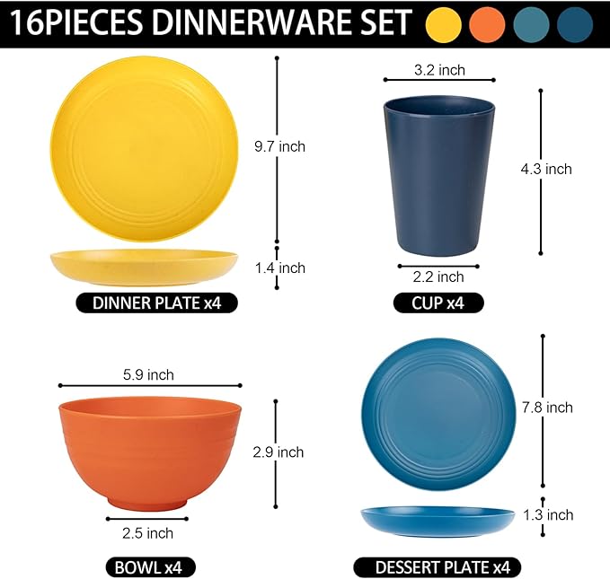 Supernal Unbreakable Dinnerware Set, 16 Pcs Plates and Bowls Sets of 4,Plastic Plates Reusable, Plastic Dish Set for Camping & Apartment, Dishwasher Safe, Kitchen Essentials(Four Color Matching)