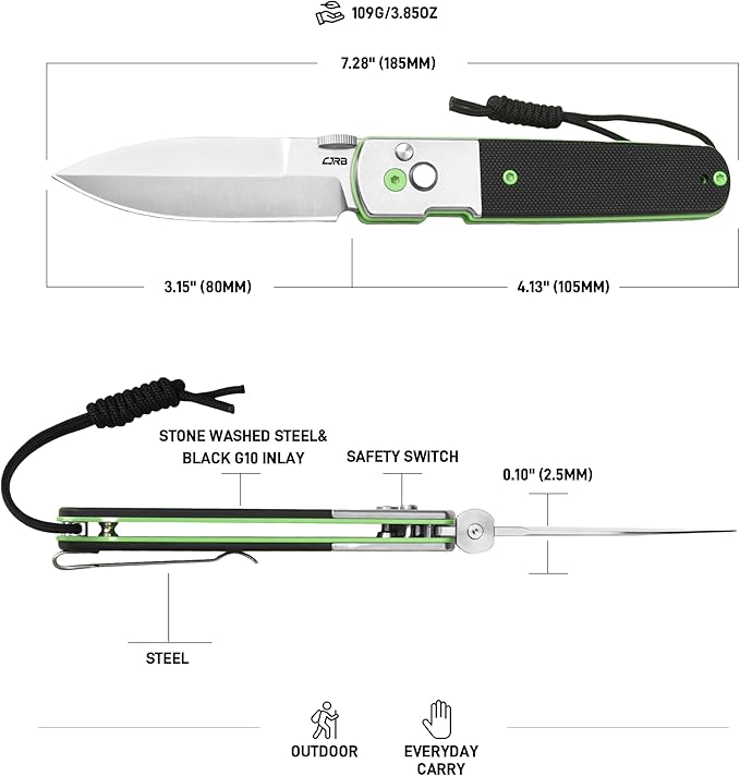 CJRB Locust EDC Knife, 3.15'' AR-RPM9 Steel Blade Folding Knife with Stone Washed Steel&G10 Inlay Handle, Button Lock with Safety Switch for Men Women Camping Hiking(1951-SBK)