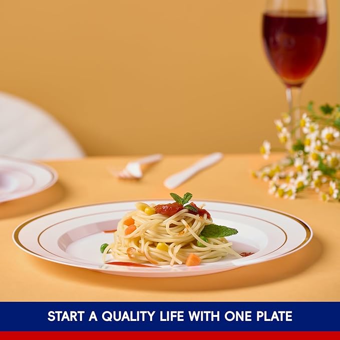 JOLLY CHEF 100 Pieces Gold Plastic Plates, 10 Inch Elegant Disposable Dinner White with Gold Rim, Disposable Plastic Plates for Dinner, Birthdays and Weddings
