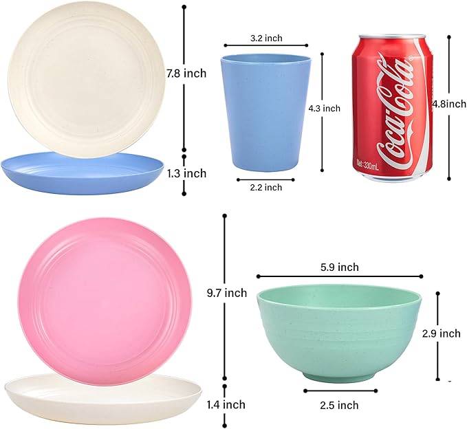 Supernal Plastic Plates Reusable Unbreakable Wheat Straw Dinnerware Set, 16Pcs Plates and Bowls Sets, Vajillas Modernas Para 4 Personas, Camping Dishes, Apartment Essentials(Beige, Blue, Green, Pink)