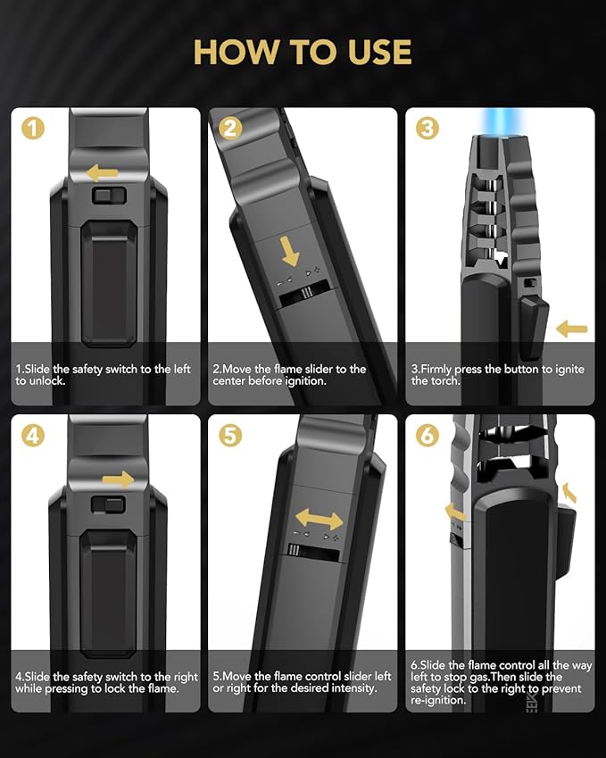 TBTeek Butane Torch Lighter - Adjustable Jet Flame Lighter, Blow Torch, Refillable Bright Fire Torch, Cooking Torch with Safety Lock for Kitchen, BBQ, Baking, Candle, Camping, Black (Gas Not Included)