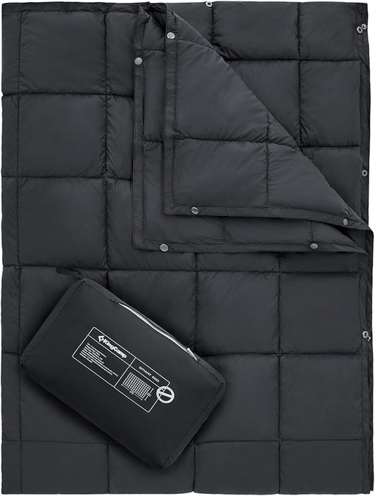 KingCamp Ultralight Camping Blanket, Packable Down Alternative Puffy Wearable Blankets Weatherproof Warm Package Quilt with Snap Buttons for Outdoor Hiking Travel Picnic Stadium (69"L x 53"W, BLACK)