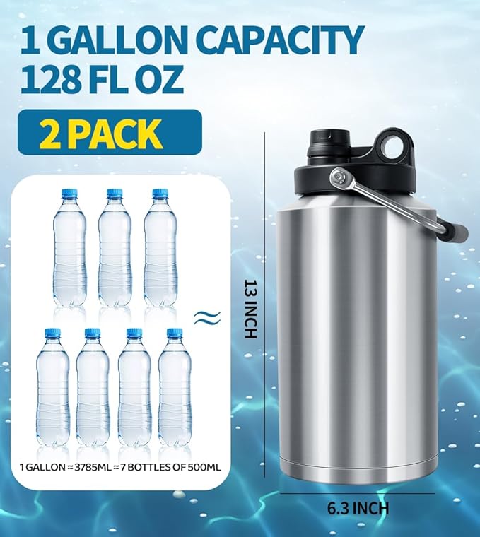 Insulated Water Bottle, 2 Pack, 1 Gallon Jug with Handle, 128 oz Stainless Steel Large Water Bottle Wide Mouth Double Vacuum for Hot & Cold Drinks, Stainless Steel
