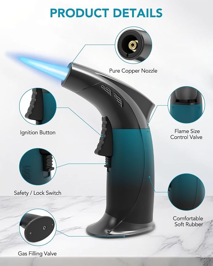 Cooking Torch Lighter - Refillable Butane Torch with Flame Lock, Adjustable Flame Mini Blow Torch Set for Cooking, Baking, Creme Brulee, Soldering (Gas Not Included)