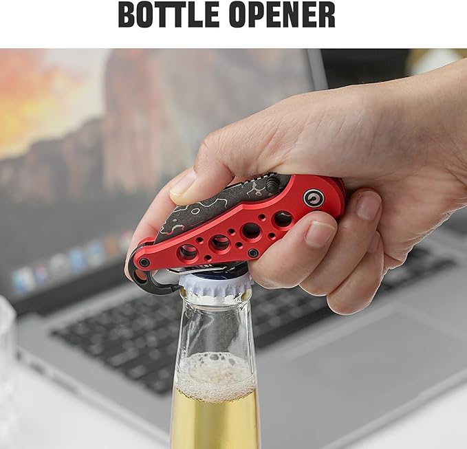 CIVIVI Pragma Folding Knife, Pocket Knife Multitool with EDC Carabiner, Bottle Opener, 2.2" Damascus Blade Aluminum Handle, Ideal Gift for Men Women C23062B-DS1 (Red)