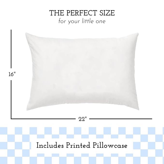 Little Sleepy Head Youth Pillow with Pillowcase 16x22, Jumbo Toddler Pillow, Hypoallergenic Pillowcase - Best Kids Pillows for Sleeping, Perfect Kids Travel Pillow (Checkers Baby Blue)