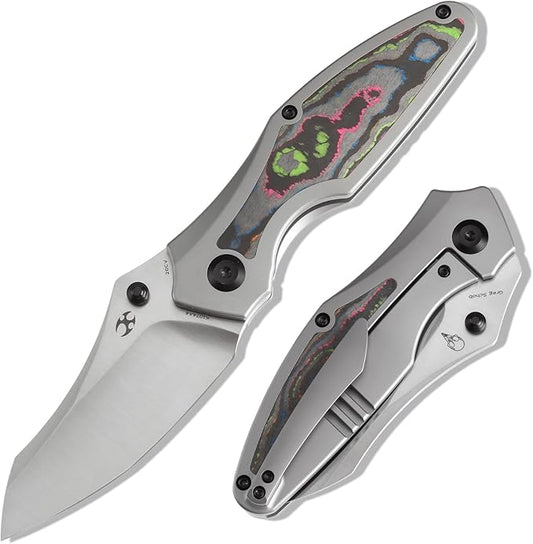 KANSEPT Baba Yaga Pocket Folding Knives for Men Women Camping Hiking Folding Knife 3.06'' Satin CPM 20CV Blade EDC Knife with Bead Blasted Titanium 80S Camo Carbon Inlay Handle Everyday Carry K1074A4