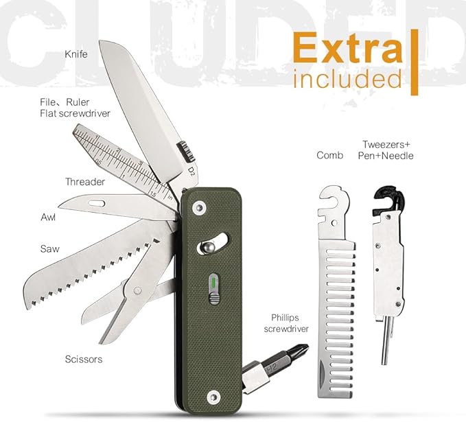 ROXON S503G 9 in 1 Mini Multi Tool EDC Pocket Knife Multitool with G10 Handle,Scissors,Screwdriver,Threader,Awl, Flat Screwdriver,Ruler,Tweezers for Outdoors Fishing Camping,Gifts for Men (Green)