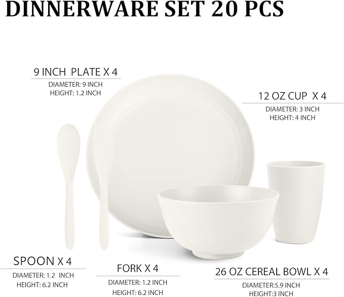 Wheat Straw Dinnerware Sets Service for 4 - Plates and Bowls Sets 20-Piece with Dinner Plate, Cereal Bowls and Cups, Microwave & Dishwasher Safe - White