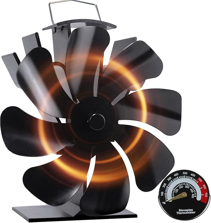 VODA Wood Stove Fan Heat Powered Fireplace Fans Non Electric, 8 Blades Heat Activated Thermal Fan for Wood Burning Stove/Pallet/Log Burner, w/Stove Accessories Thermometer