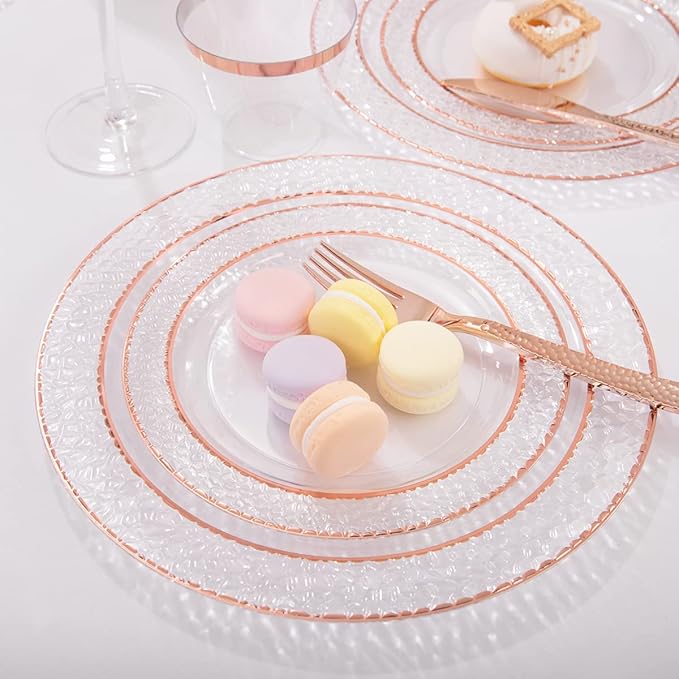 Ciaell 150PCS Rose Gold Plastic Plates – Disposable Plates with Rose Gold Plastic Silverware include 50Plates, 25Forks, 25Knives, 25Spoons, 25Cups for Wedding & Party