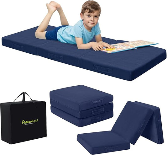 MeMoreCool Foldable Floor Mattress for Kids, Toddler Floor Nap Mat for Sleeping Daycare, Small Child Foldable Mattress Floor Bed, Trifold Futon Portable Tri Folding Mattress, Navy 63x26 Inch