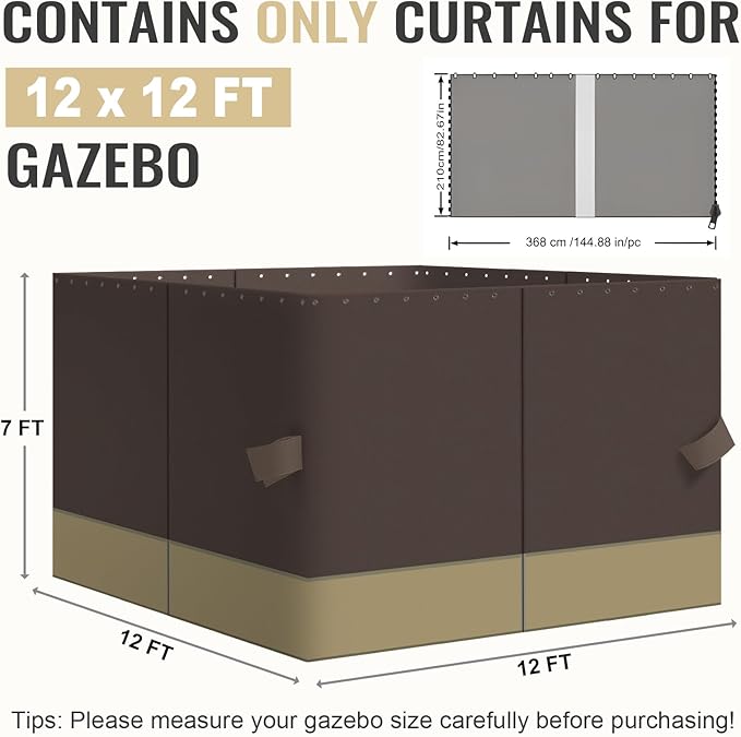 COWVIE 4-Panel 12' x 12' Gazebo Replacement Curtains, Patio Privacy Sidewalls with Double Zipper, Replacement for Outdoor Gazebo Canopy (Curtain Only)