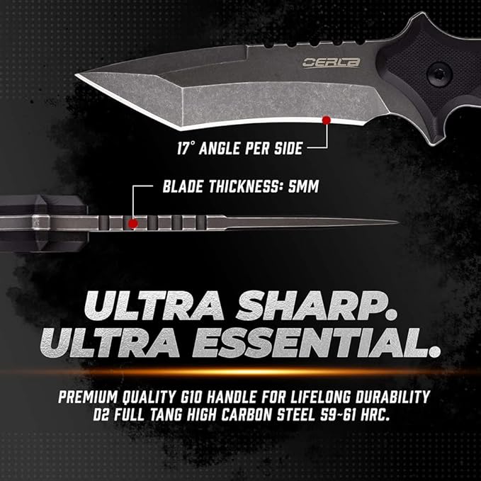 OERLA OLK-D47 Tactical Survival Knife with Kydex Sheath, D2 High Carbon Steel Fixed Blade Outdoor Knife, G10 Handle, EDC Tactical Belt Clip