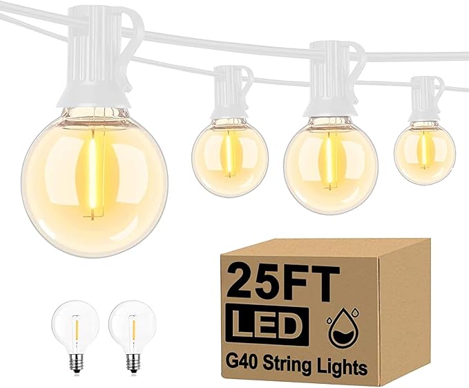 Abeja 25Ft LED Outdoor String Light, Patio Globe String Lights with 27 Shatterproof LED Clear Bulbs(2 Spare), Hanging Patio String Lights for Backyard Decor Bistro Party Yard Decor- White Wire