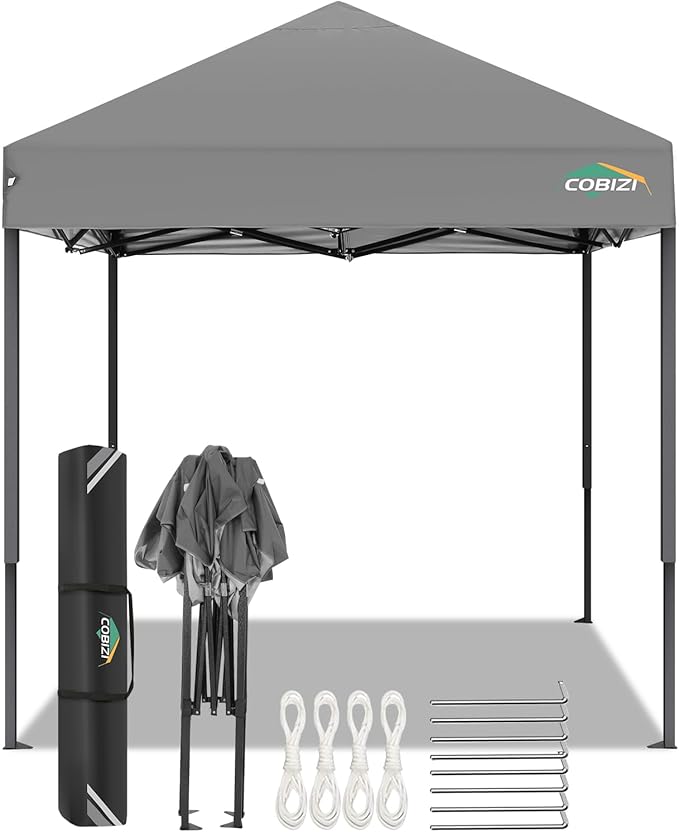 COBIZI 6.6x6.6ft Pop Up Canopy, Heavy Duty Tent Canopy Easy Set up All Weather Waterproof Outdoor Canopy Tent for Parties, Beach, Garden, Camping with 1 Handbag, 3 Adjustable Heights, UPF50+, Grey
