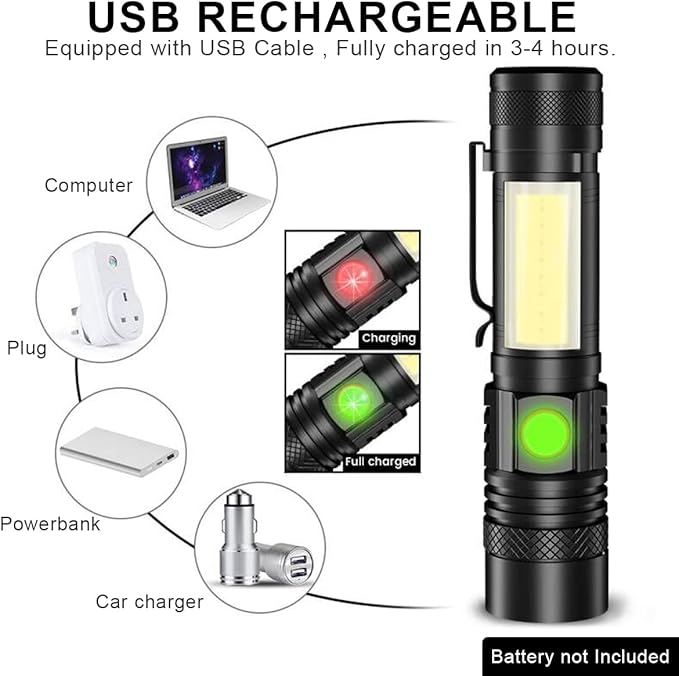 Rechargeable Flashlight, Magnetic LED Flashlight 【Battery Not Included】with COB Work Light, Pocket Tactical Flashlights with 6 Modes,1000 Lumens Super Bright,Waterproof,Zoomable,for Camping,Emergency