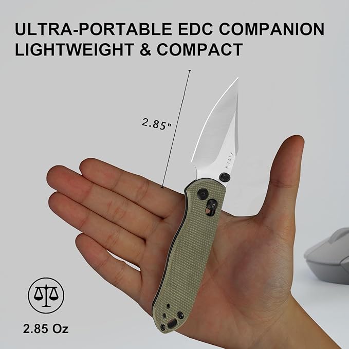 Kizer Drop Bear 2 Pocket Knife, 2.85" Nitro-V Clip Point Blade Folding Knife with Green Micarta Handle, Clutch Lock EDC Knives with Jimping on Spine for Men Women V3619.2KC1